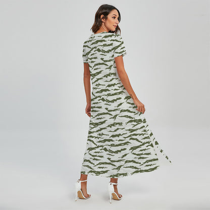 Green And White Tiger Stripe Camo Print Short Sleeve Maxi Dress