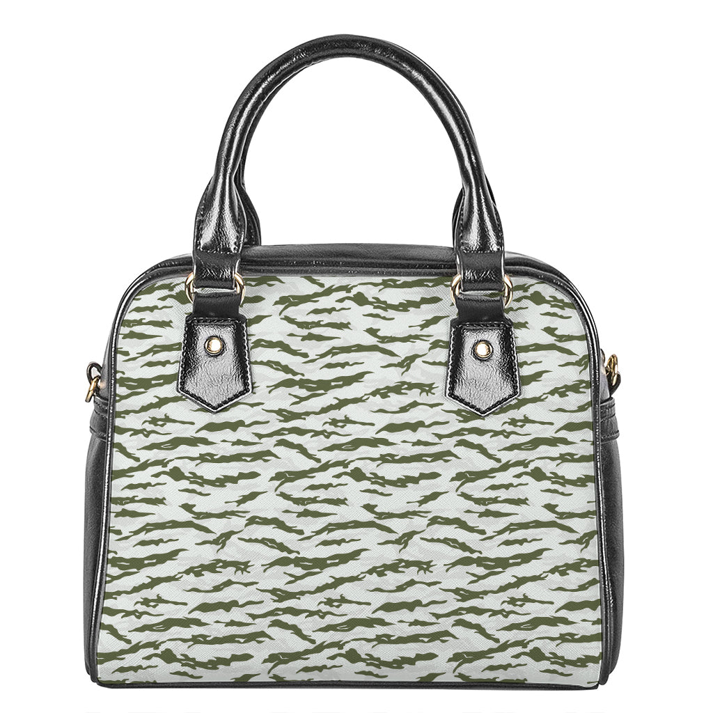 Green And White Tiger Stripe Camo Print Shoulder Handbag
