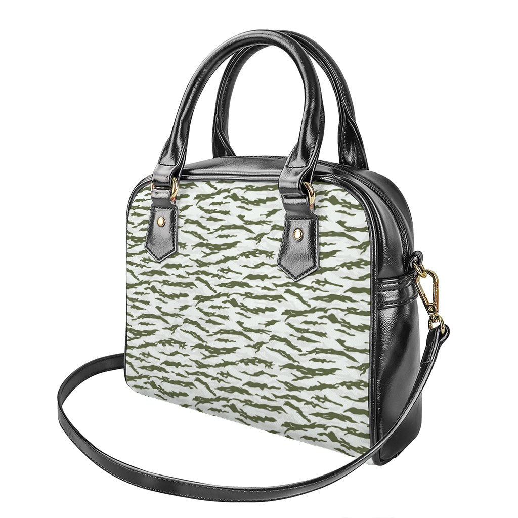 Green And White Tiger Stripe Camo Print Shoulder Handbag