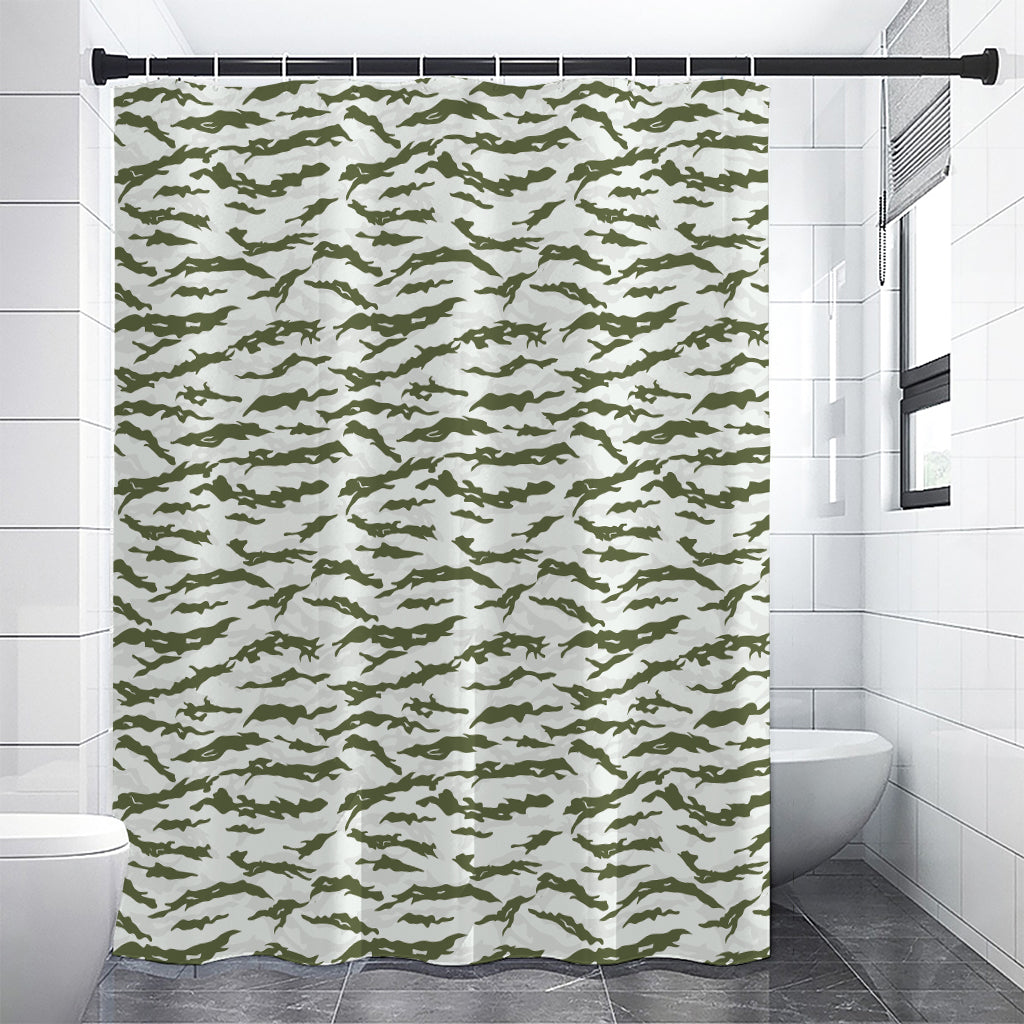 Green And White Tiger Stripe Camo Print Shower Curtain