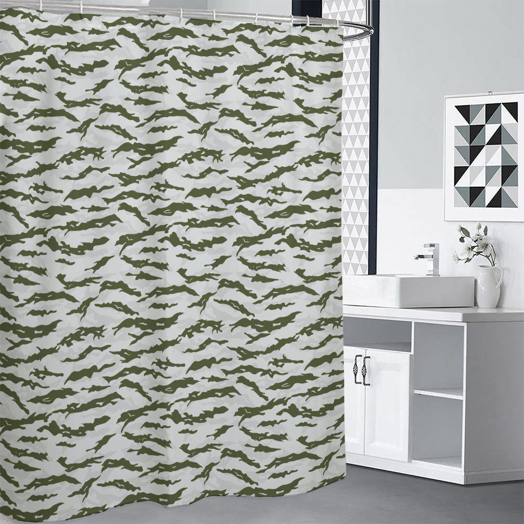 Green And White Tiger Stripe Camo Print Shower Curtain
