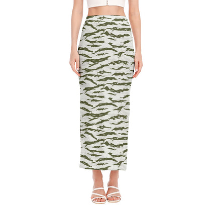 Green And White Tiger Stripe Camo Print Side Slit Maxi Skirt