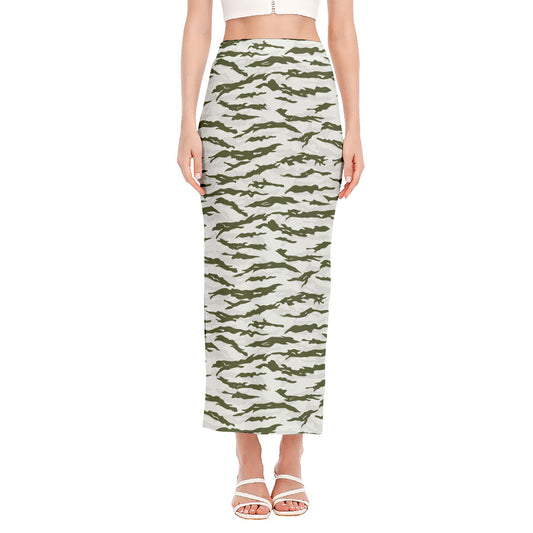 Green And White Tiger Stripe Camo Print Side Slit Maxi Skirt
