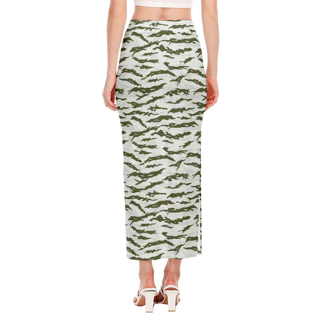 Green And White Tiger Stripe Camo Print Side Slit Maxi Skirt