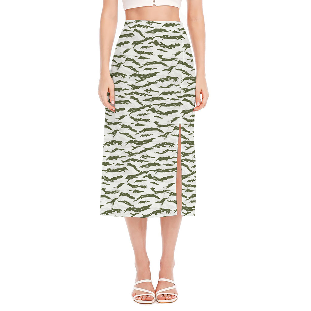 Green And White Tiger Stripe Camo Print Side Slit Midi Skirt