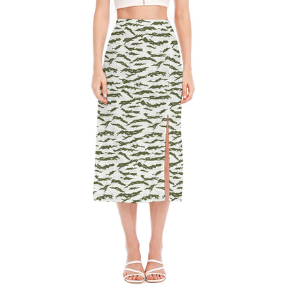 Green And White Tiger Stripe Camo Print Side Slit Midi Skirt