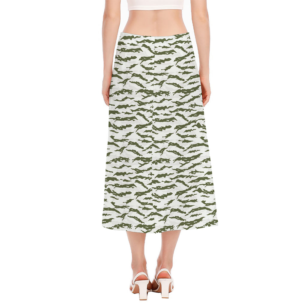 Green And White Tiger Stripe Camo Print Side Slit Midi Skirt