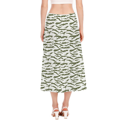 Green And White Tiger Stripe Camo Print Side Slit Midi Skirt
