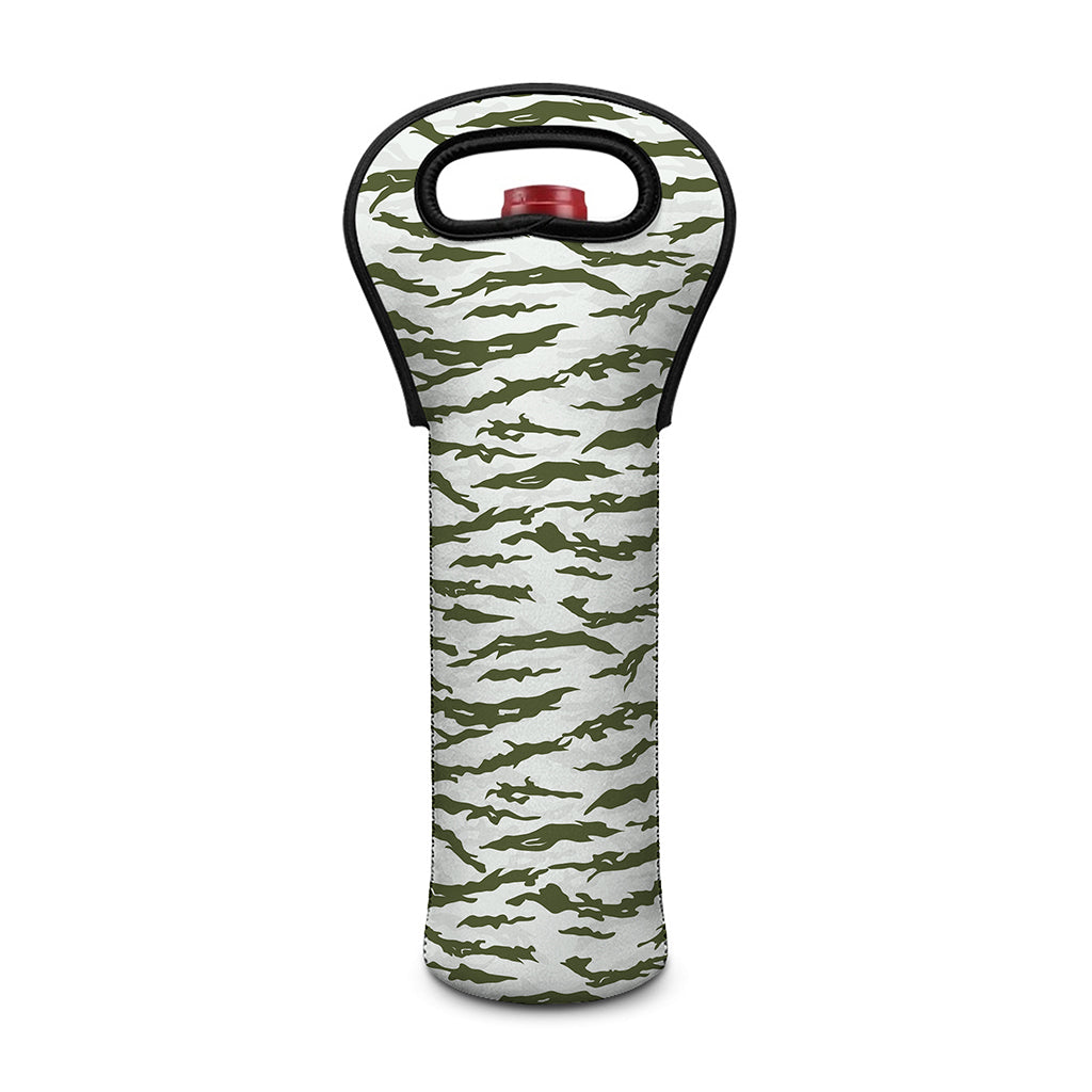 Green And White Tiger Stripe Camo Print Single Neoprene Wine Tote