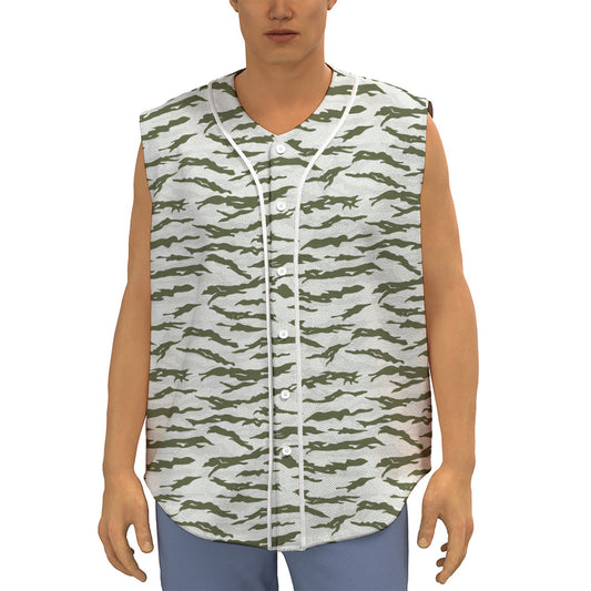 Green And White Tiger Stripe Camo Print Sleeveless Baseball Jersey