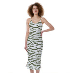 Green And White Tiger Stripe Camo Print Slim Fit Midi Cami Dress