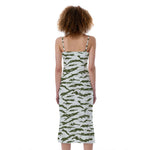 Green And White Tiger Stripe Camo Print Slim Fit Midi Cami Dress