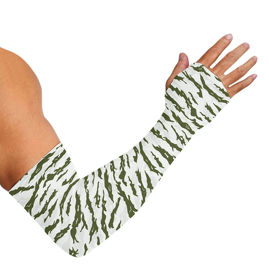Green And White Tiger Stripe Camo Print Sun Protection Arm Sleeves