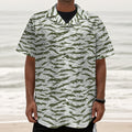 Green And White Tiger Stripe Camo Print Textured Short Sleeve Shirt