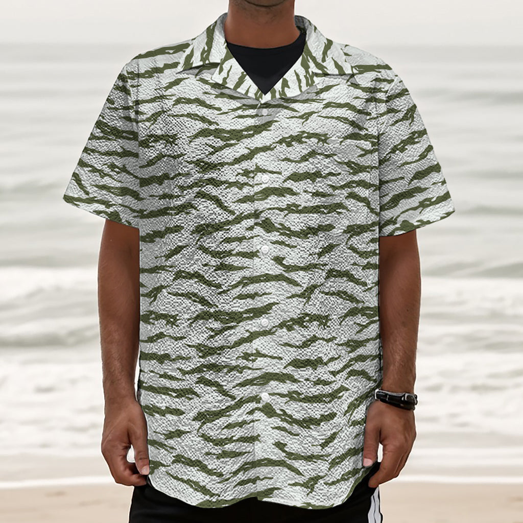 Green And White Tiger Stripe Camo Print Textured Short Sleeve Shirt