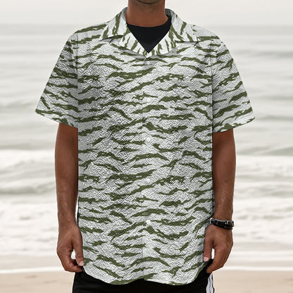 Green And White Tiger Stripe Camo Print Textured Short Sleeve Shirt