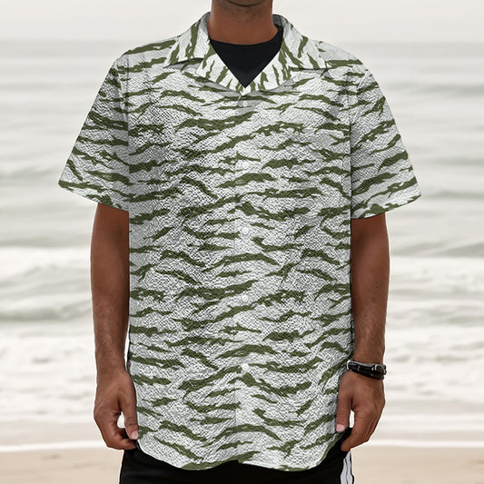 Green And White Tiger Stripe Camo Print Textured Short Sleeve Shirt