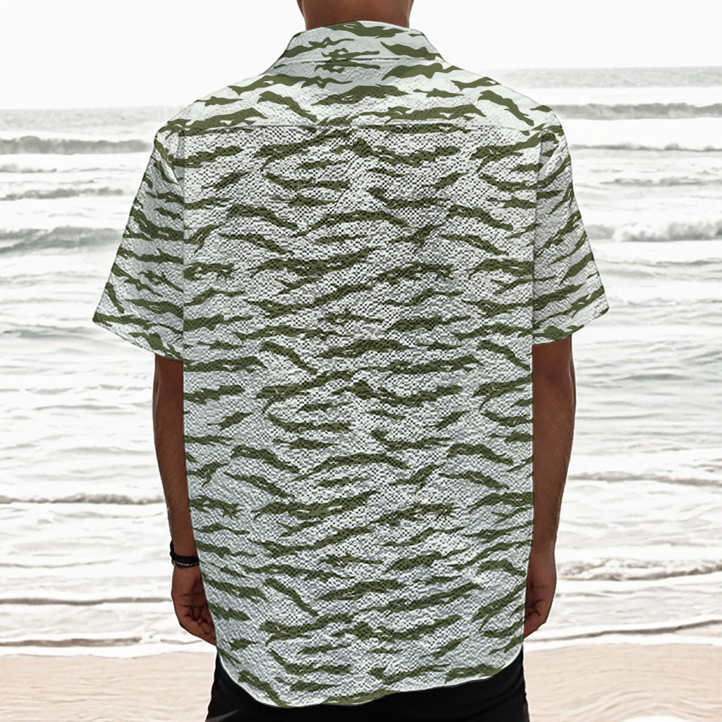 Green And White Tiger Stripe Camo Print Textured Short Sleeve Shirt