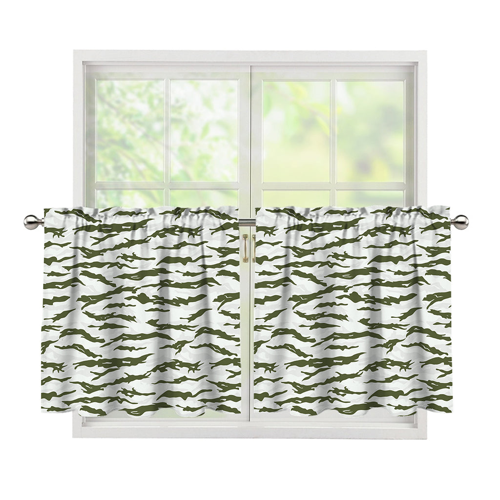 Green And White Tiger Stripe Camo Print Tier Curtains