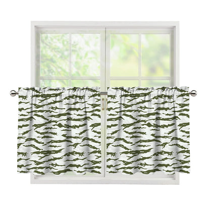 Green And White Tiger Stripe Camo Print Tier Curtains