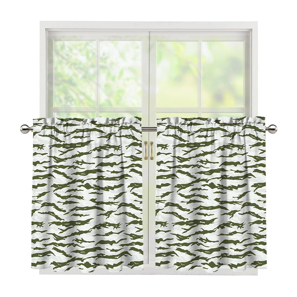 Green And White Tiger Stripe Camo Print Tier Curtains