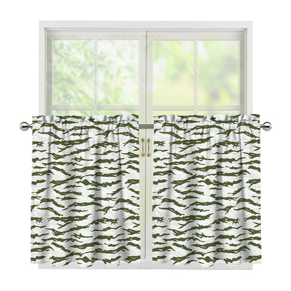 Green And White Tiger Stripe Camo Print Tier Curtains