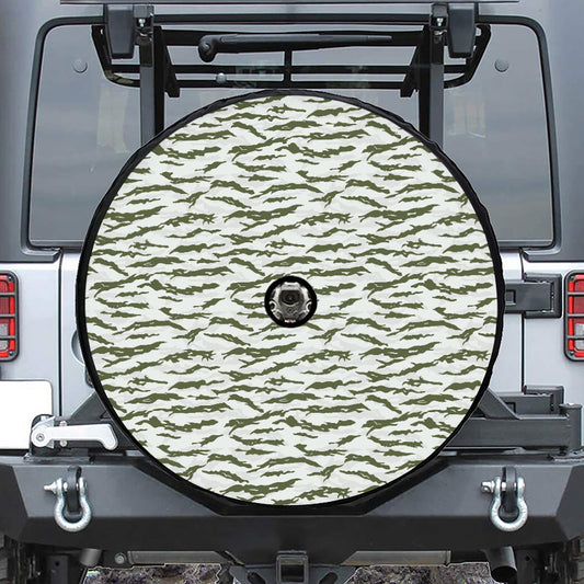 Green And White Tiger Stripe Camo Print Tire Cover With Camera Hole