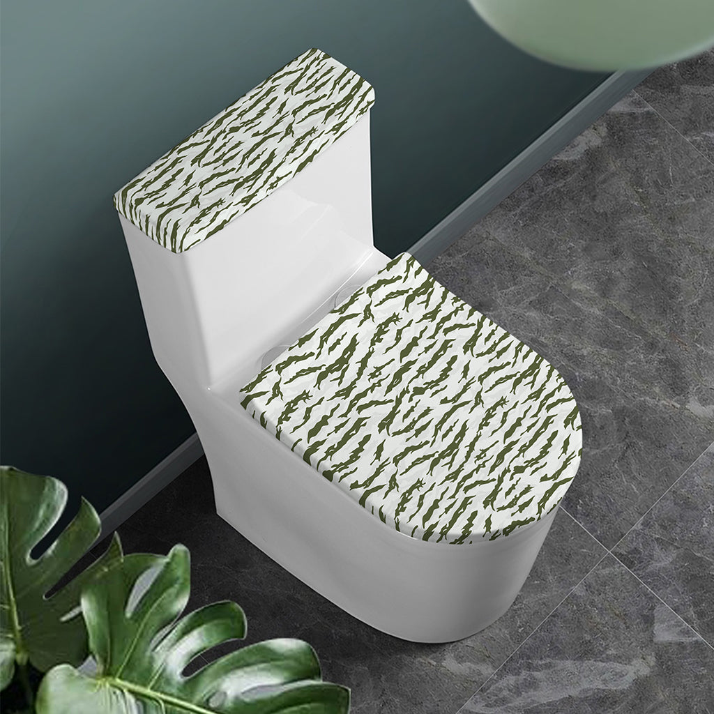 Green And White Tiger Stripe Camo Print Toilet Lid And Tank Cover Set
