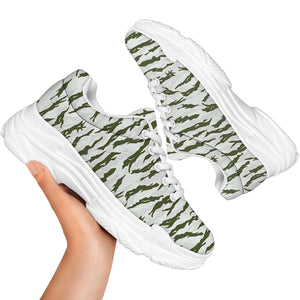 Green And White Tiger Stripe Camo Print White Chunky Shoes