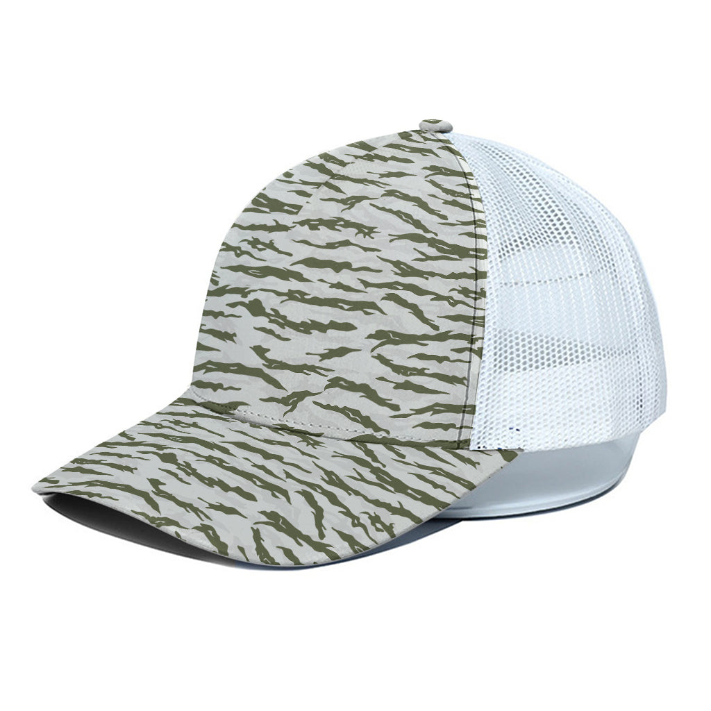 Green And White Tiger Stripe Camo Print White Mesh Trucker Cap