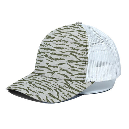 Green And White Tiger Stripe Camo Print White Mesh Trucker Cap