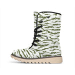 Green And White Tiger Stripe Camo Print Winter Boots