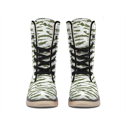 Green And White Tiger Stripe Camo Print Winter Boots