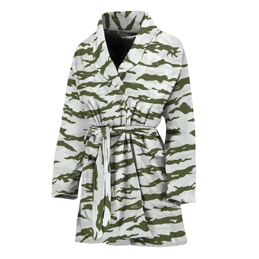 Green And White Tiger Stripe Camo Print Women's Bathrobe