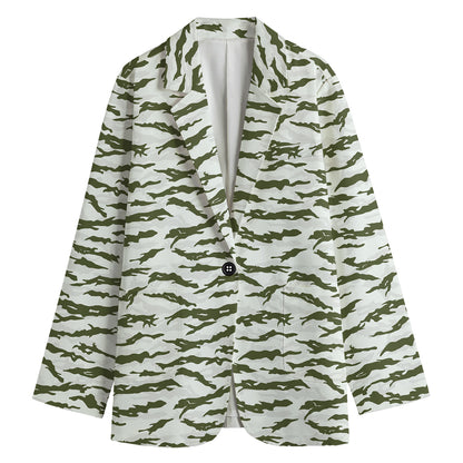 Green And White Tiger Stripe Camo Print Women's Blazer