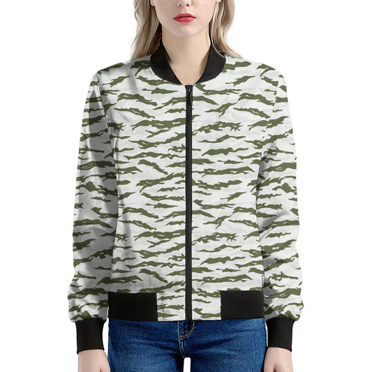 Green And White Tiger Stripe Camo Print Women's Bomber Jacket