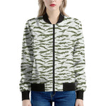 Green And White Tiger Stripe Camo Print Women's Bomber Jacket