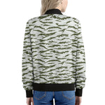 Green And White Tiger Stripe Camo Print Women's Bomber Jacket