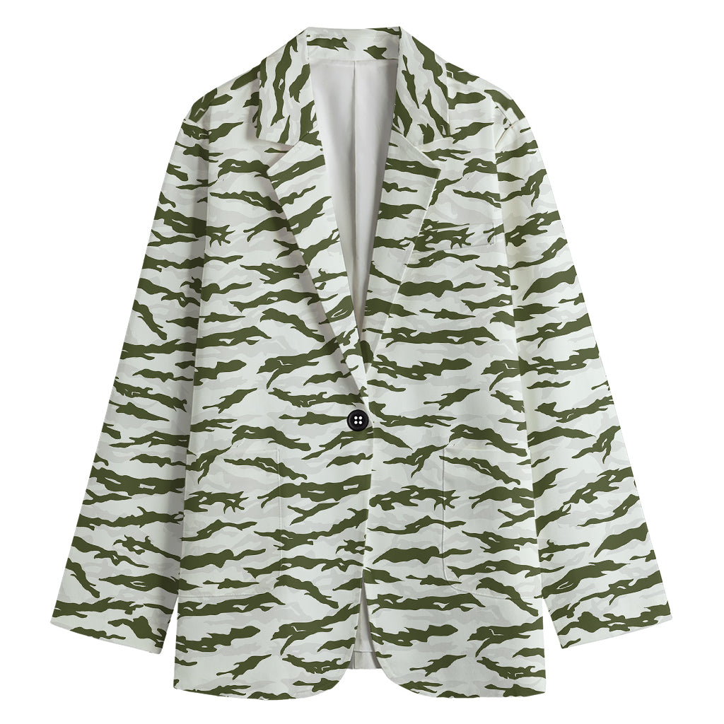 Green And White Tiger Stripe Camo Print Women's Cotton Blazer