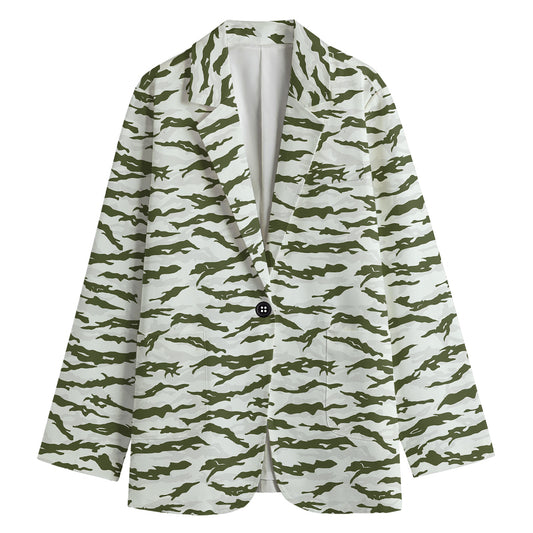 Green And White Tiger Stripe Camo Print Women's Cotton Blazer