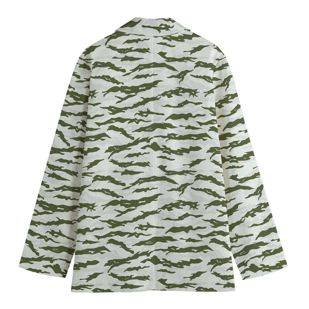 Green And White Tiger Stripe Camo Print Women's Cotton Blazer