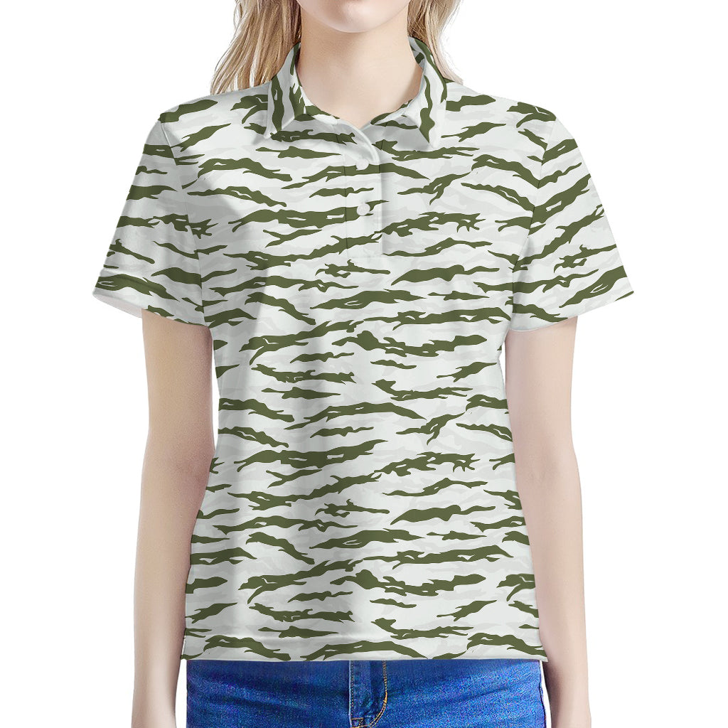Green And White Tiger Stripe Camo Print Women's Polo Shirt
