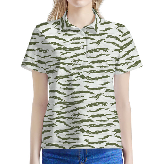 Green And White Tiger Stripe Camo Print Women's Polo Shirt
