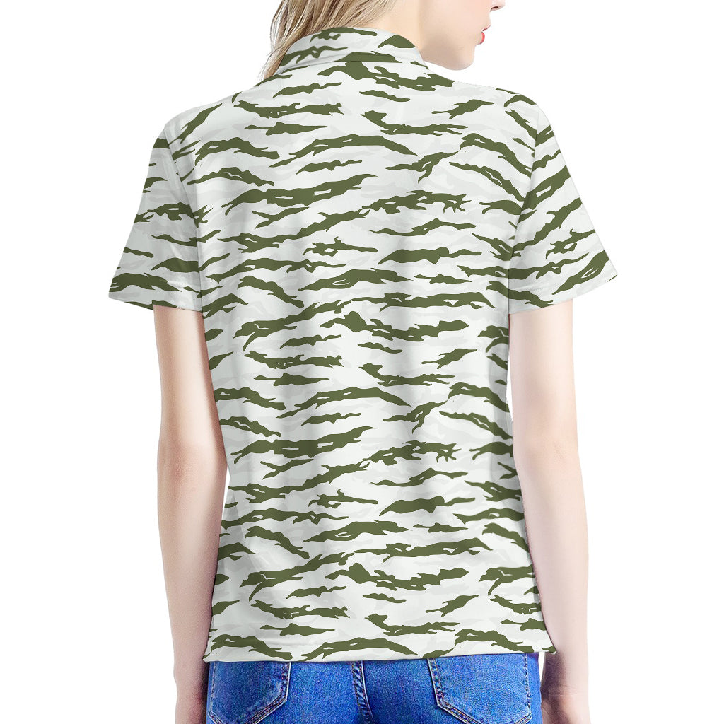 Green And White Tiger Stripe Camo Print Women's Polo Shirt