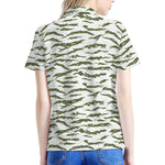 Green And White Tiger Stripe Camo Print Women's Polo Shirt