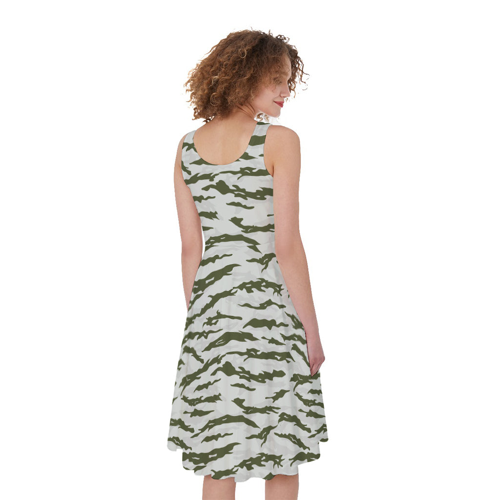 Green And White Tiger Stripe Camo Print Women's Sleeveless Dress
