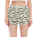 Green And White Tiger Stripe Camo Print Women's Split Running Shorts