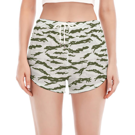 Green And White Tiger Stripe Camo Print Women's Split Running Shorts