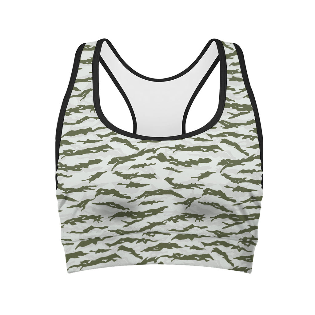 Green And White Tiger Stripe Camo Print Women's Sports Bra
