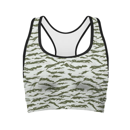 Green And White Tiger Stripe Camo Print Women's Sports Bra